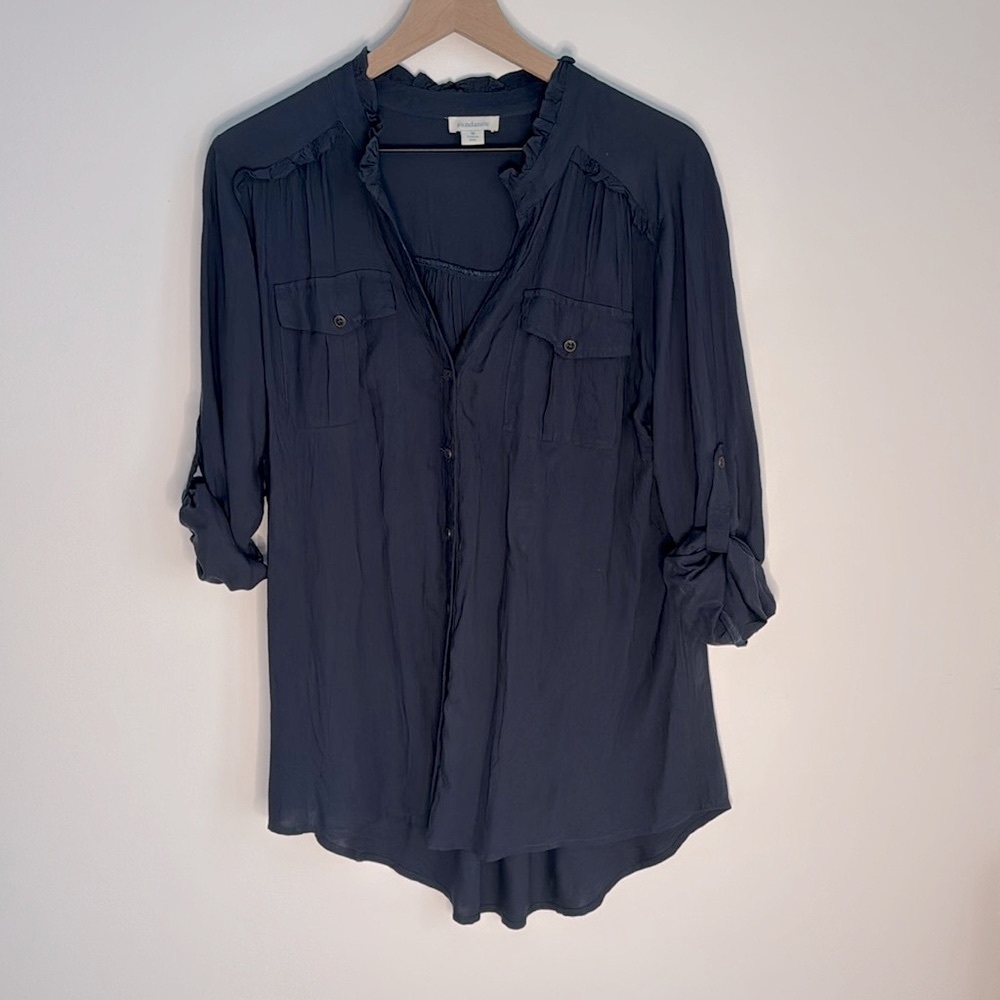 Sundance Button Up Blouse Navy Blue Ruffle Roll Tab Sleeve Size M
